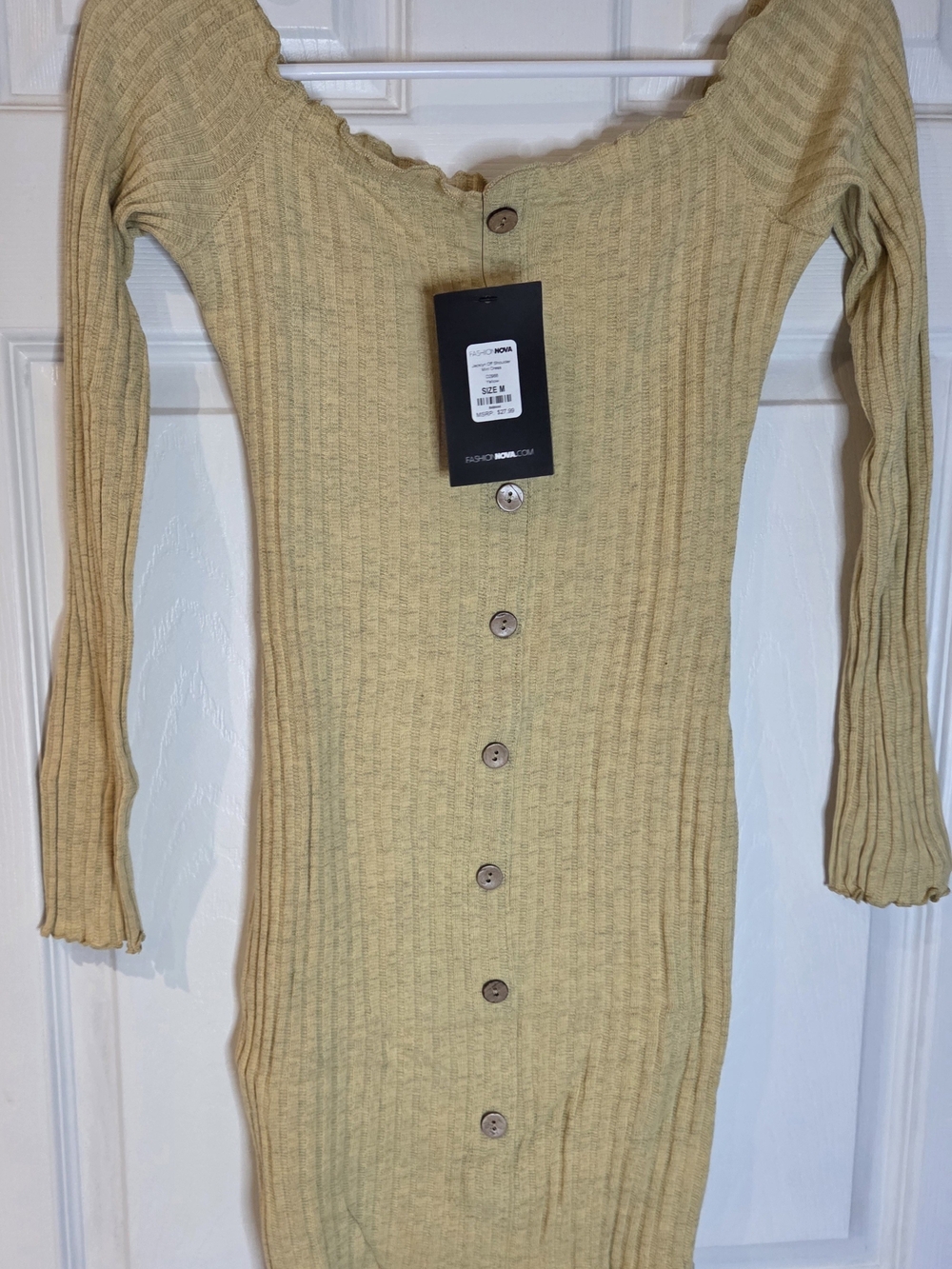 Fashion Nova Off The Shoulder Ribbed Button-Front Sweater Dress in Pale Yellow